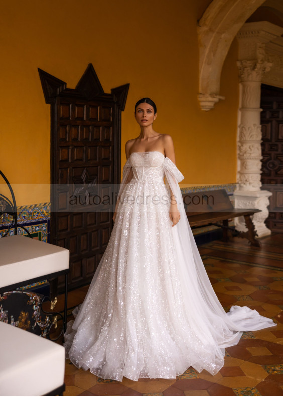 Off Shoulder Beaded Ivory Lace Tulle Shiny Wedding Dress